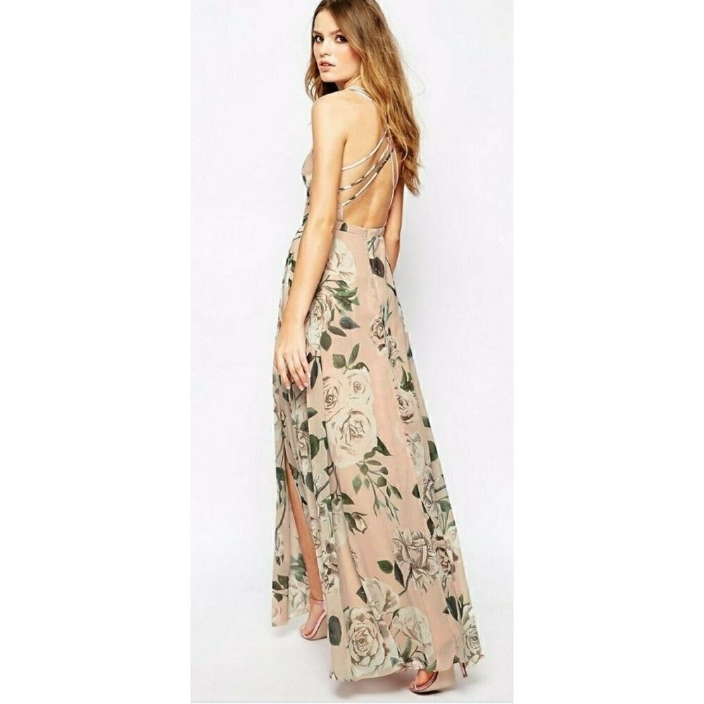 Fame & Partners  Floral Maxi Dress Womens 4 Strappy Pink Roses Wrap Front